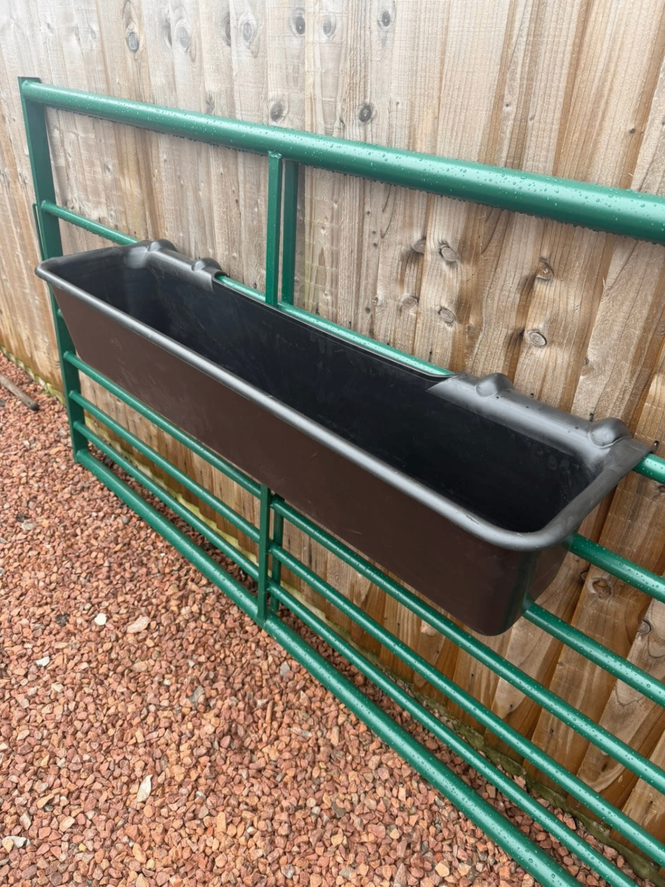 50 litre black animal feed trough mounted on green metal gate